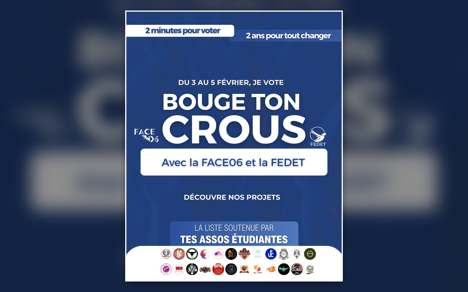 Affiche bleue Bouge ton Crous indiquant deux minutes pour voter et deux ans pour tout changer.