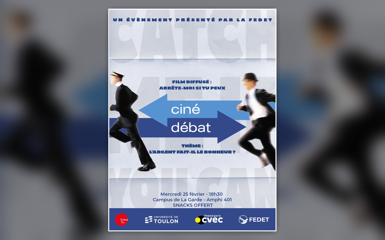 Affiche du ciné-débat montrant deux silhouettes inspirées du film Arrête-moi si tu peux et une flèche bleue au centre.