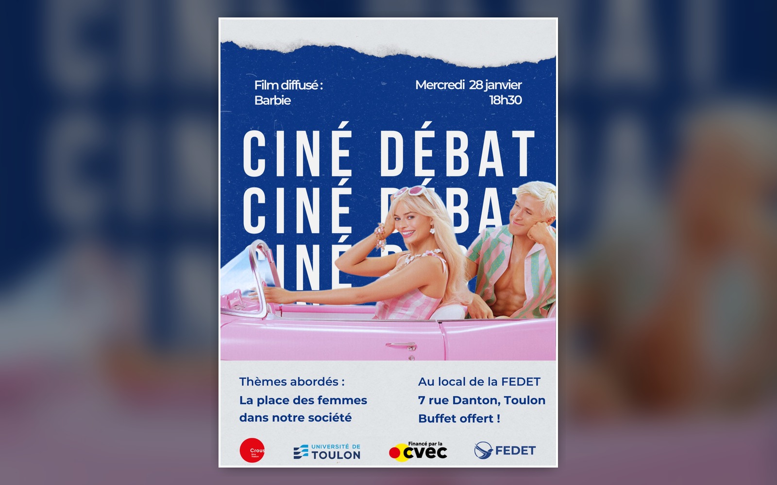 Affiche rose et bleue du ciné-débat Barbie montrant les personnages principaux du film.