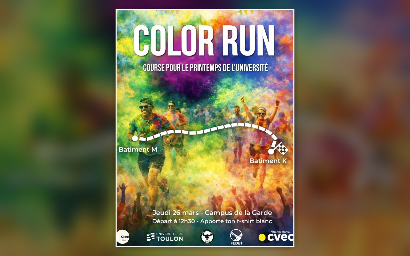 Affiche très colorée de la Color Run montrant des participants courant au milieu de nuages de poudre.