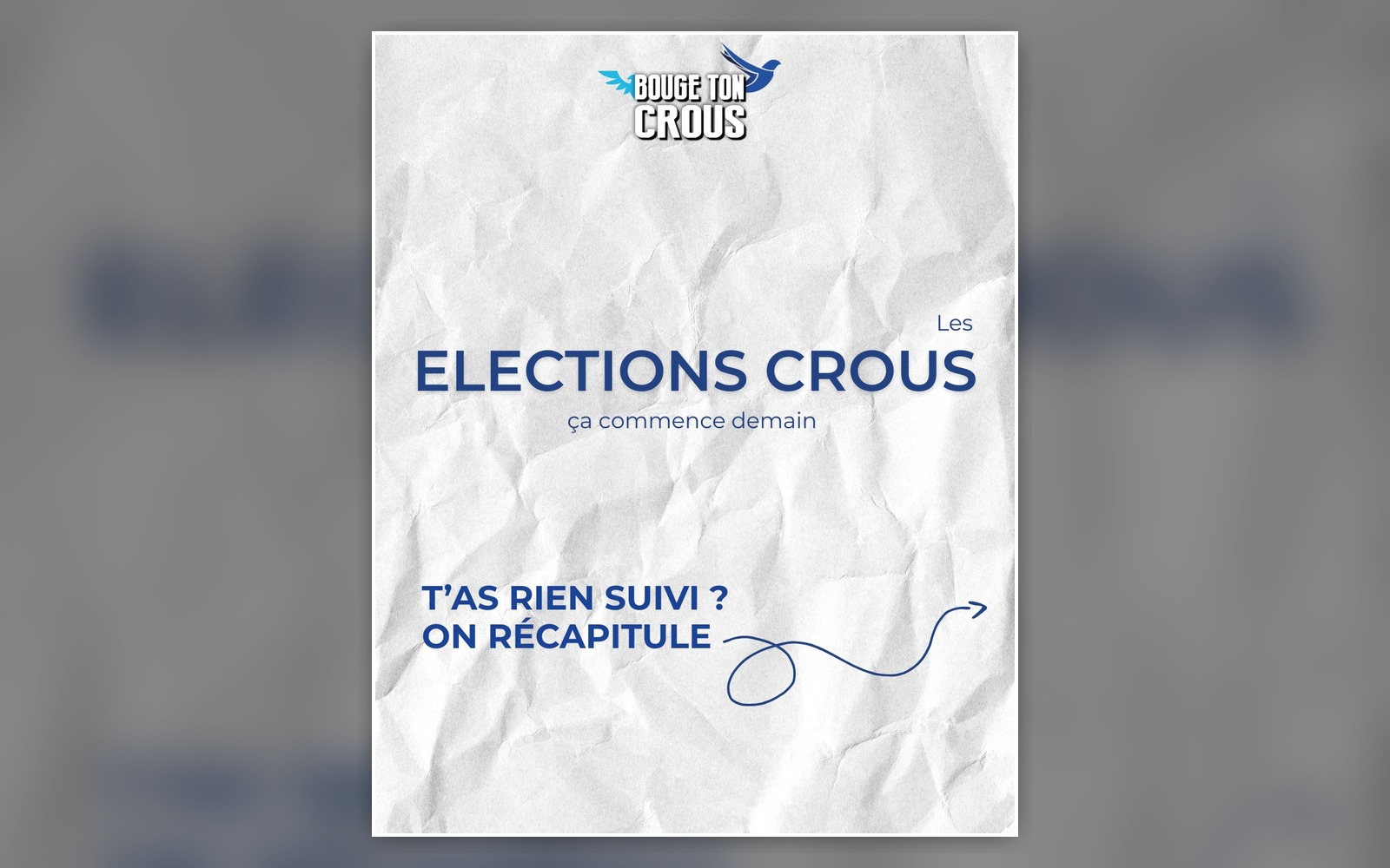 Affiche blanche et bleue annonçant le début des élections CROUS et proposant un récapitulatif.