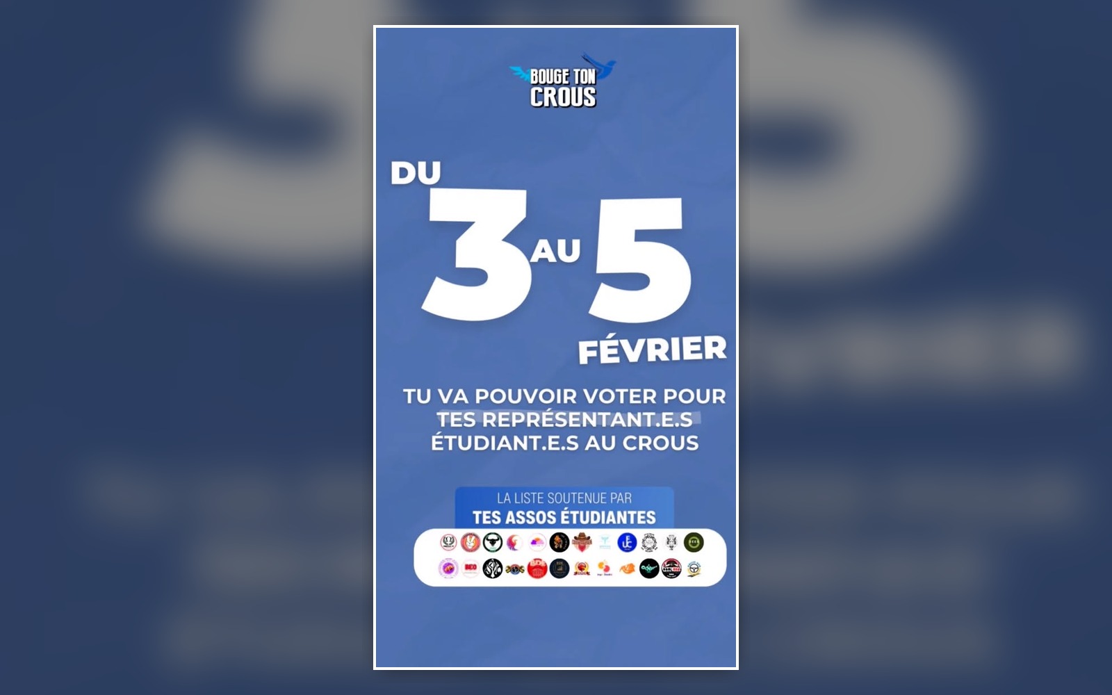 Affiche bleue Bouge ton Crous annonçant le vote du 3 au 5 février et présentant les associations étudiantes qui soutiennent la liste.