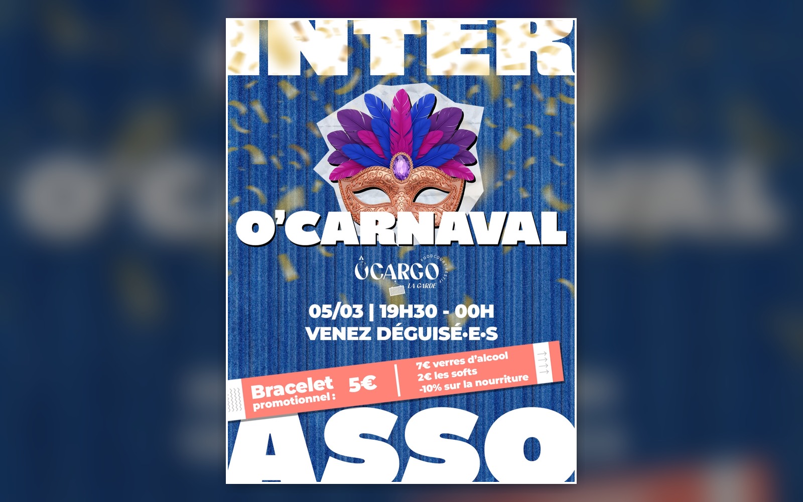 Affiche bleue et jaune de l’Interasso O’Carnaval avec un masque coloré et les informations pratiques de la soirée.