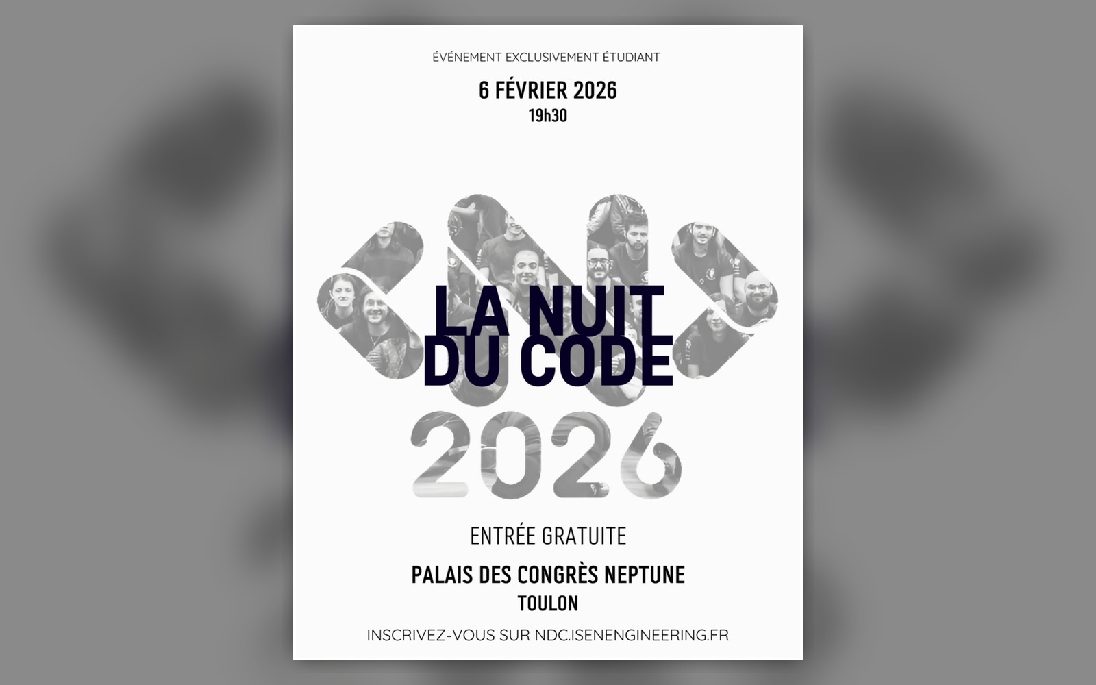 Affiche blanche et noire de la Nuit du Code 2026 annonçant l’événement au Palais des Congrès Neptune de Toulon.