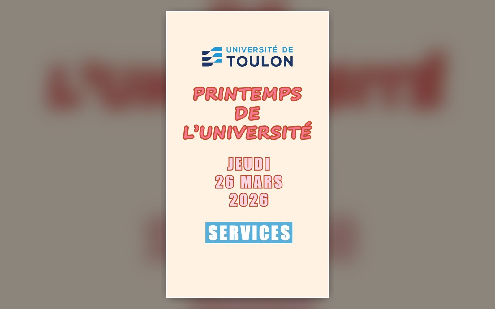 Visuel beige de l’Université de Toulon annonçant le Printemps de l’Université du jeudi 26 mars 2026.