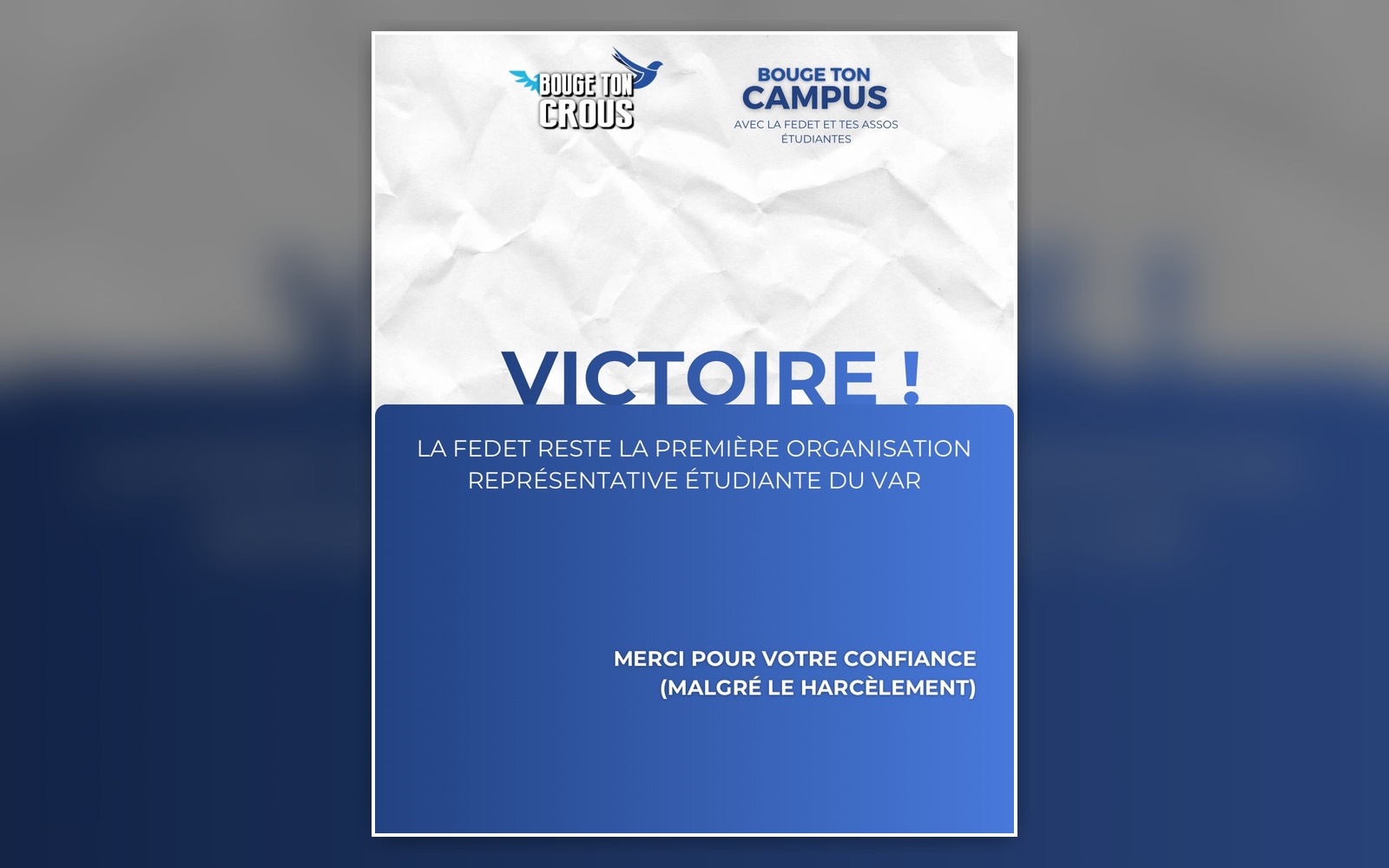 Affiche bleue annonçant la victoire de la FEDET et remerciant les étudiantes et étudiants pour leur confiance.